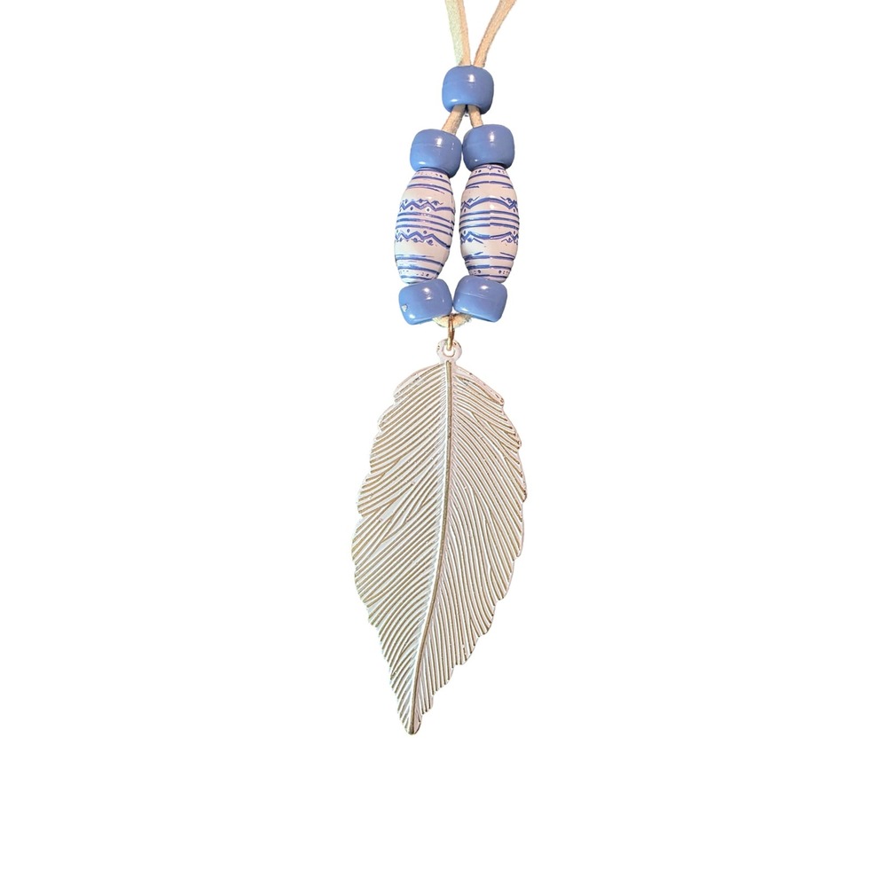 Boho Blue Beaded Feather Pendant Long Cord Necklace white and Gold Tone Tribal - Picture 2 of 11